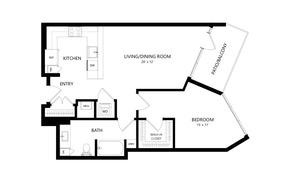 Tower T-B-14 - 1 bedroom floorplan layout with 1 bath and 801 square feet.