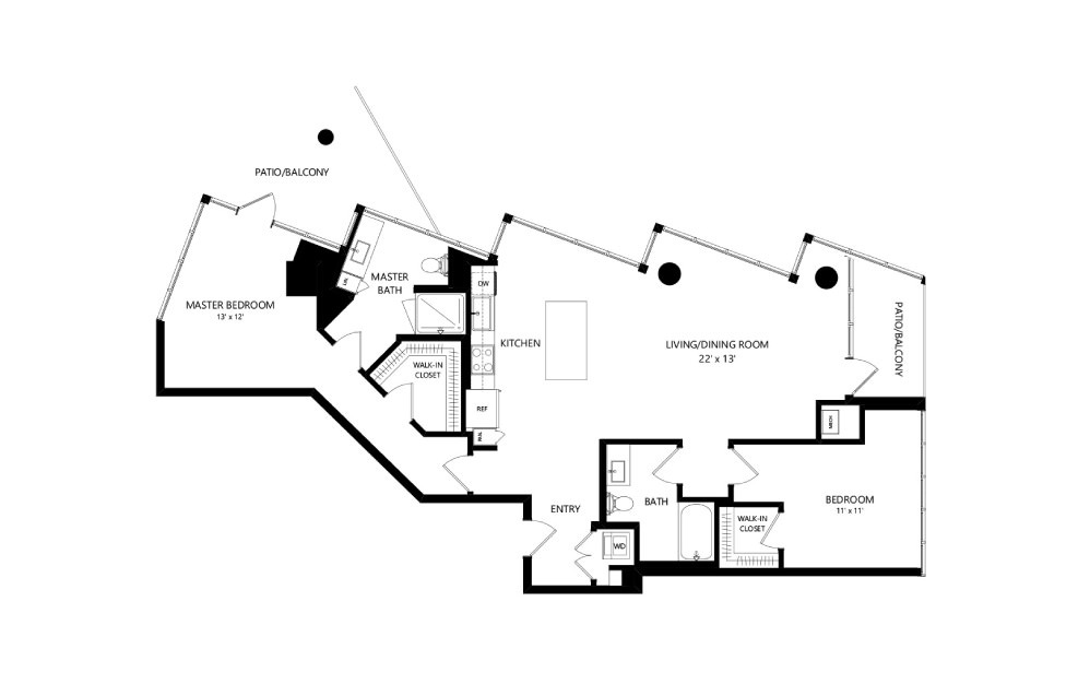 Tower T-C-01b - 2 bedroom floorplan layout with 2 baths and 1402 square feet.